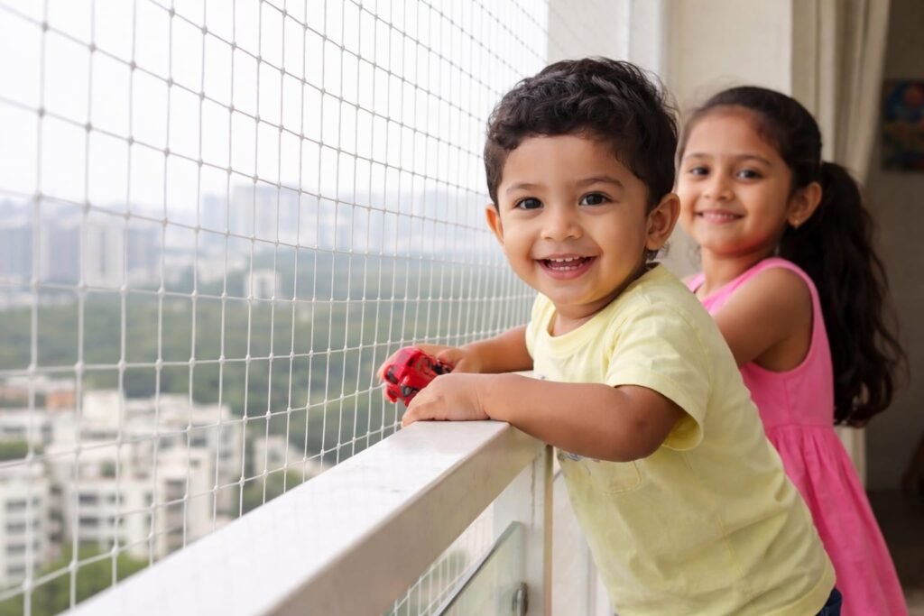 Children safety nets installed on balcony to protect kids from falling